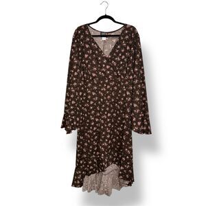 Vtg Torrid Women’s 4X High Low Dress Brown Floral Bell Sleeves V-Neck Stretch